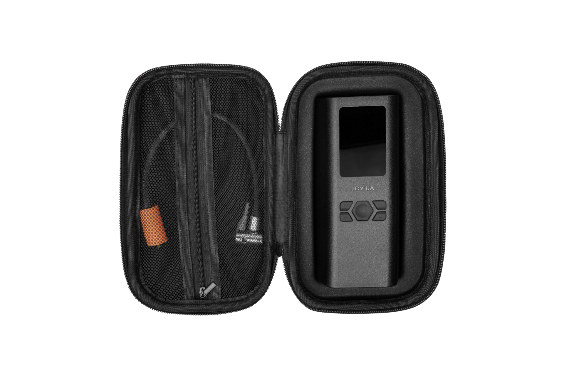 The JOWUA Portable Air Compressor + Charging Solution Kit is displayed in a black zippered case, with the rectangular compressor featuring a screen and buttons on the right, and a mesh pocket holding cables on the left—perfect for Tesla tires.