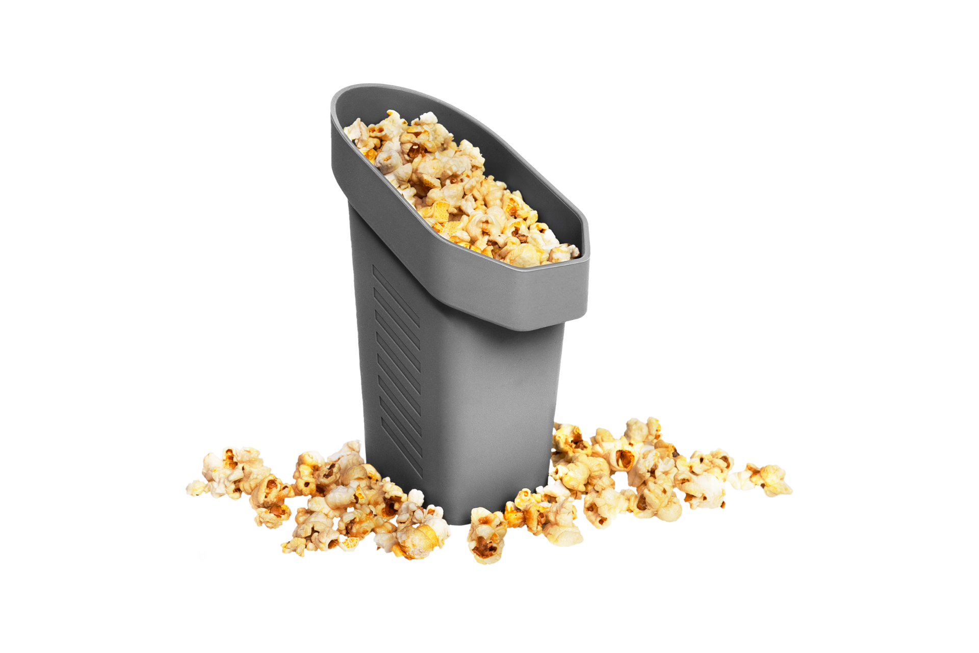 A gray silicone container from the JOWUA Door Side Storage Box set, filled with popcorn and surrounded by scattered pieces on a white surface, resembles a sleek storage bin with its slanted top and textured sides.