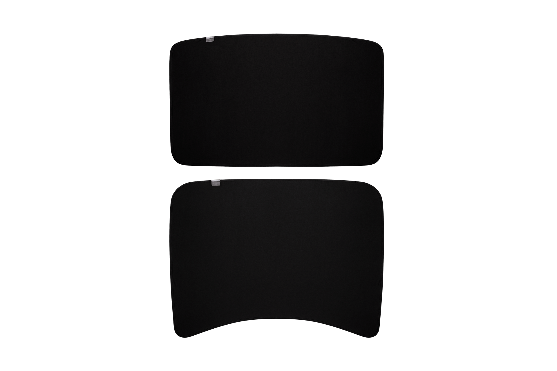 Two curved, black sunshade panels from JOWUA's Model 3 / Reengineered Model 3 Glass Roof Sunshade (US Version) are displayed on a black background. They resemble large flat panels with small tabs on one side and are positioned one above the other, providing UV protection while effortlessly integrating into your vehicle's interior design.