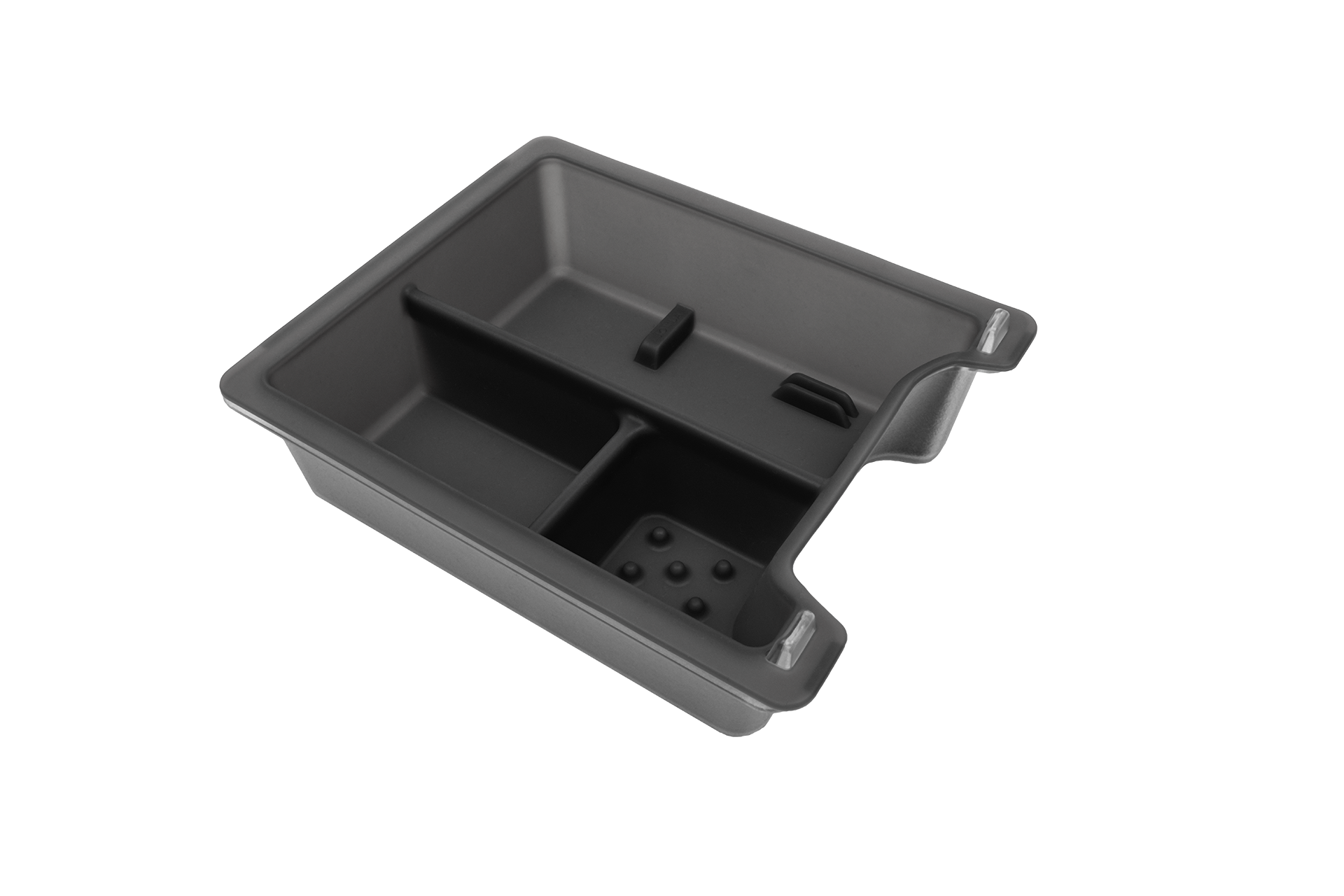 A rectangular plastic tray from JOWUA, designed with divided sections and a handle, made from premium hybrid material. This gray Center Console Tray Organizer is ideal for efficiently arranging items in your Tesla Model 3 or Y.