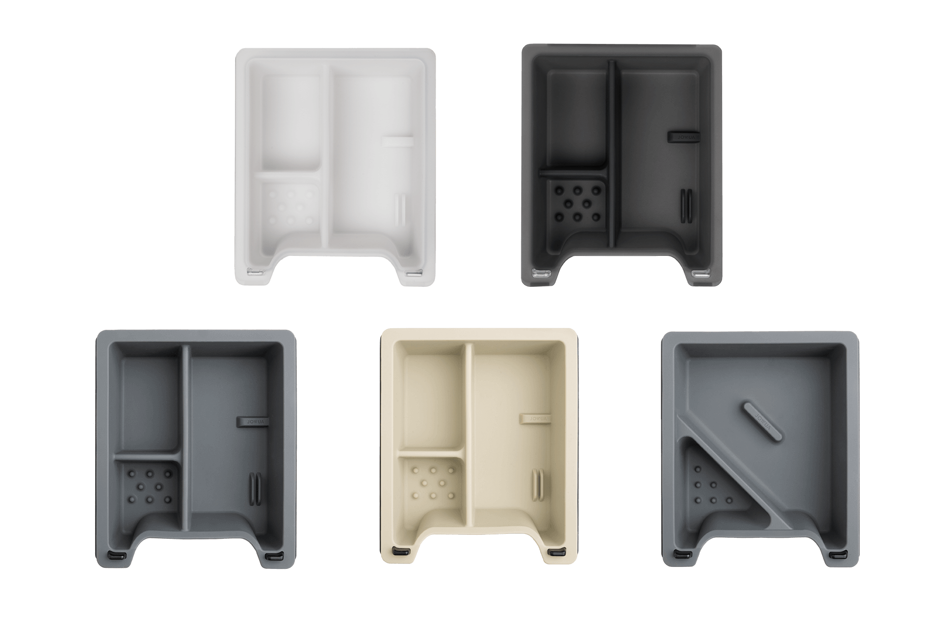 Five rectangular containers, configured as a center console organizer, are organized in two rows. Made by JOWUA from premium hybrid material, the colors offered are white, black, dark gray, light gray, and beige. Each container from the Center Console Tray Organizer for Tesla Model 3/Y includes compartments with distinct sections and perforated bottoms.