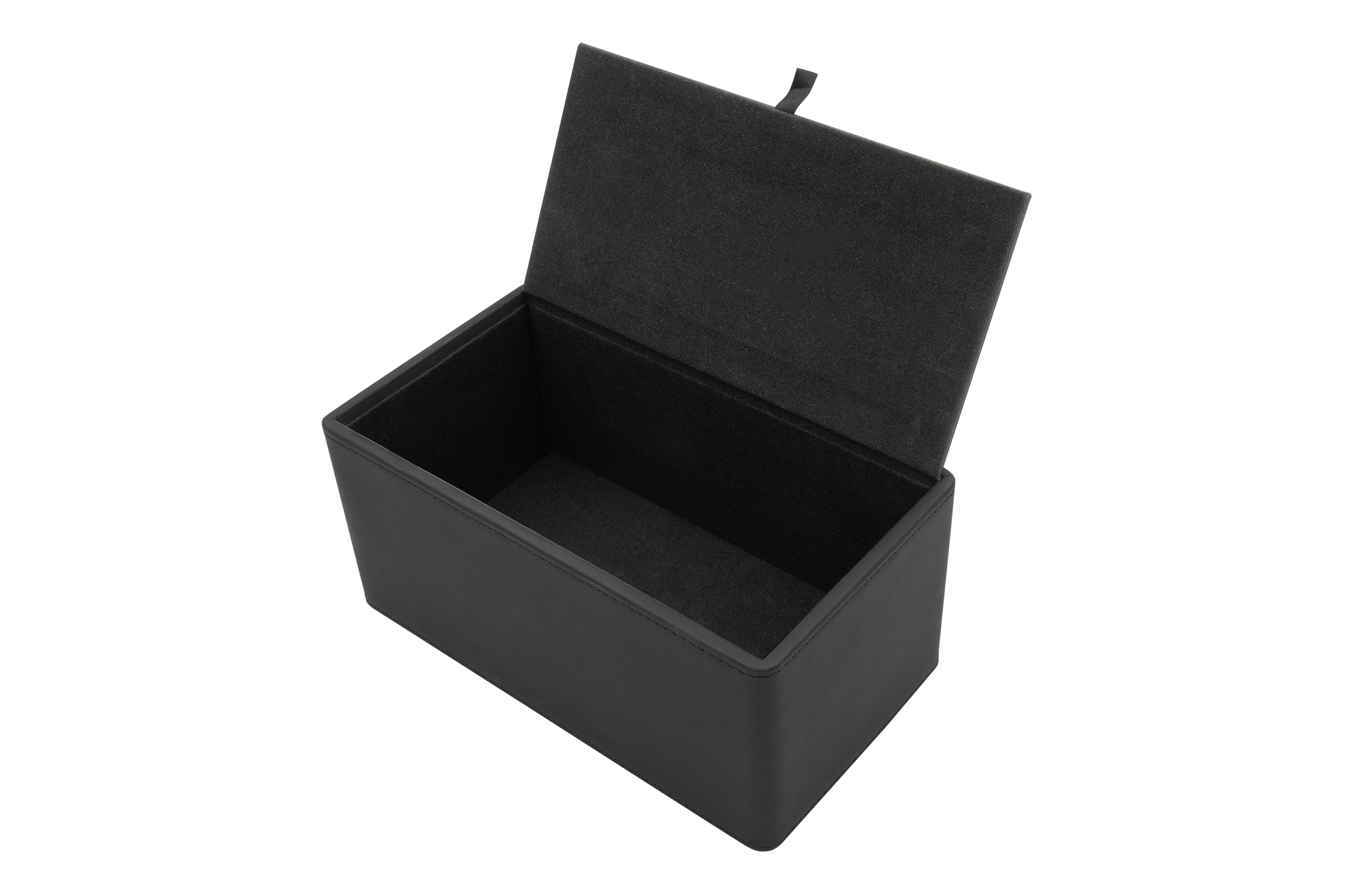 The JOWUA Tissue & Storage Box is shown in a black rectangular design with an open lid, revealing a spacious interior lined with premium materials and featuring a fabric texture. Positioned against a solid black background, it offers versatile storage solutions tailored to fit your personalized size requirements.