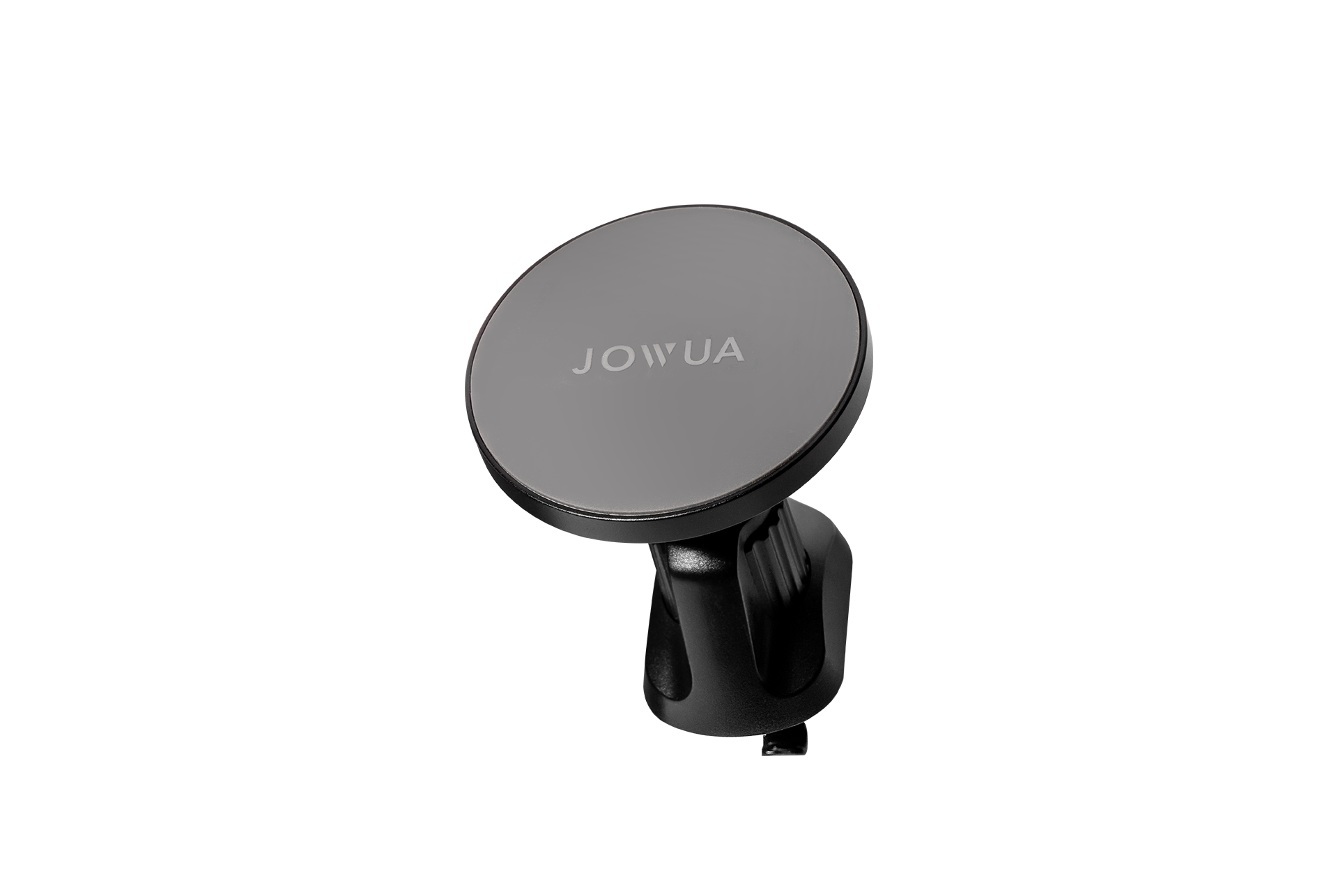 Here is a rewritten sentence using the given product data:
A black and silver Universal MagSafe Car Mount for Air Vents featuring the brand name "JOWUA" on its round face. It includes an adjustable base for securing onto surfaces and supports MagSafe compatibility for seamless connectivity.
