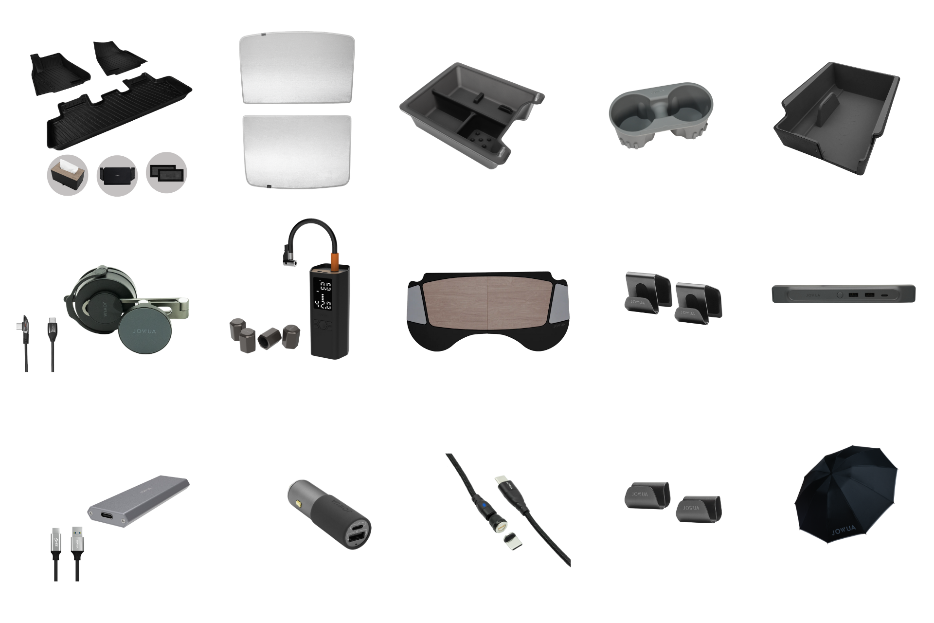 A selection of MRS Beauty West's Model Y Exclusive accessories by JOWUA is elegantly displayed on a minimalist backdrop, showcasing an All-Weather Floor Liner, sunshades, a MagSafe Car Mount, car charger, earphones, sunglasses, and an umbrella. Additionally, several small gadgets and organizers can be seen.