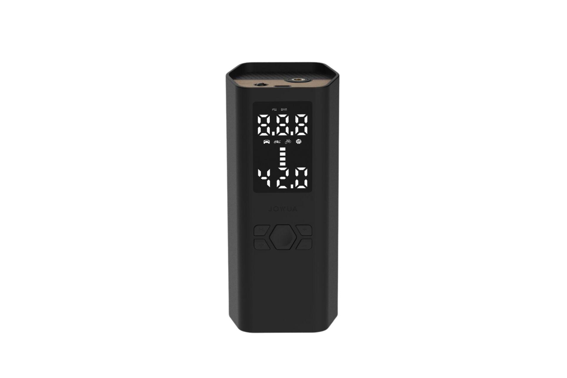 Discover the JOWUA Portable Air Compressor for Tesla & Tire Valve Caps Combo, featuring a sleek black design with a digital display that shows numbers 00.0 and 0.0. It's perfect for portable air compression use, equipped with buttons for control and settings, all wrapped in a minimalistic design.