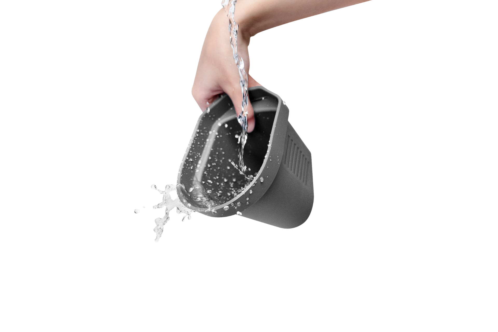 A hand pours water from the JOWUA Door Side Storage Box (Set of 2), a sleek, black container featuring a spout made of silicone material. Water splashes energetically, creating a dynamic effect against the plain white background.