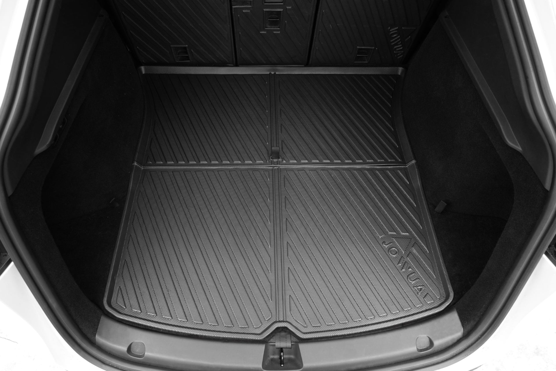 Model Y Trunk Liner Combo with Back seat cover and side bins  shot from the back of the car