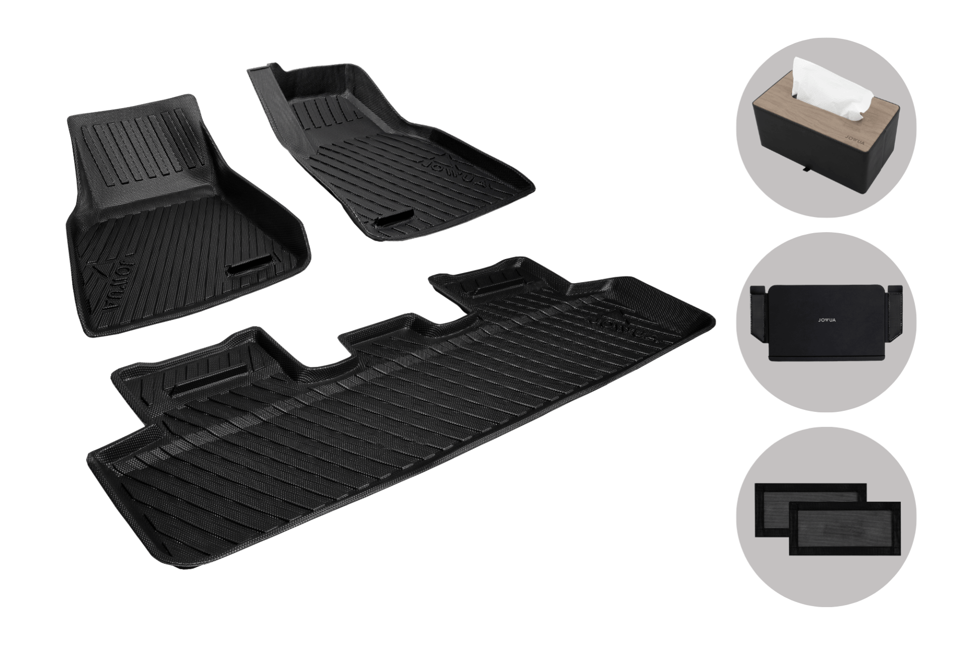 On the left, JOWUA’s Premium Interior Essentials Set for Model Y Juniper (2025+) is shown, with three images on the right—a tissue box, storage pouch, and two mats—perfect upgrades for your Tesla Model Y.