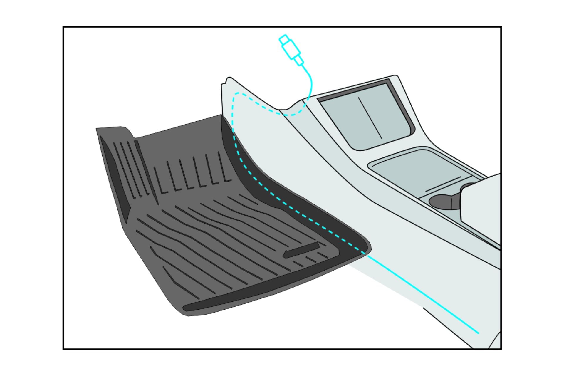 A car mat installation illustration displays perfect fitment; a highlighted blue line and JOWUA's USB-C Extension Cable for Model 3 2024+, Model Y Juniper 2025+, & Cybertruck ensures precise alignment within the vehicle's console area.