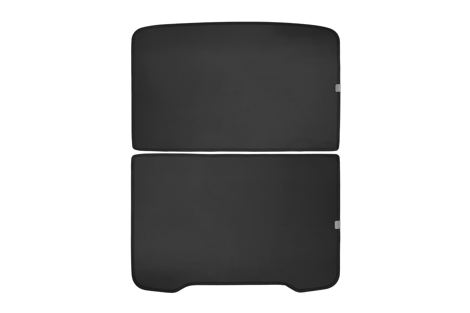 The JOWUA All Model Y Glass Roof Sunshade (Juniper 2025+ / 2021-2024) is a black, rectangular mesh sunshade with dual sections connected in the center. It provides UV protection for your car's windshield and features silver tabs on the sides for secure placement against a white background.