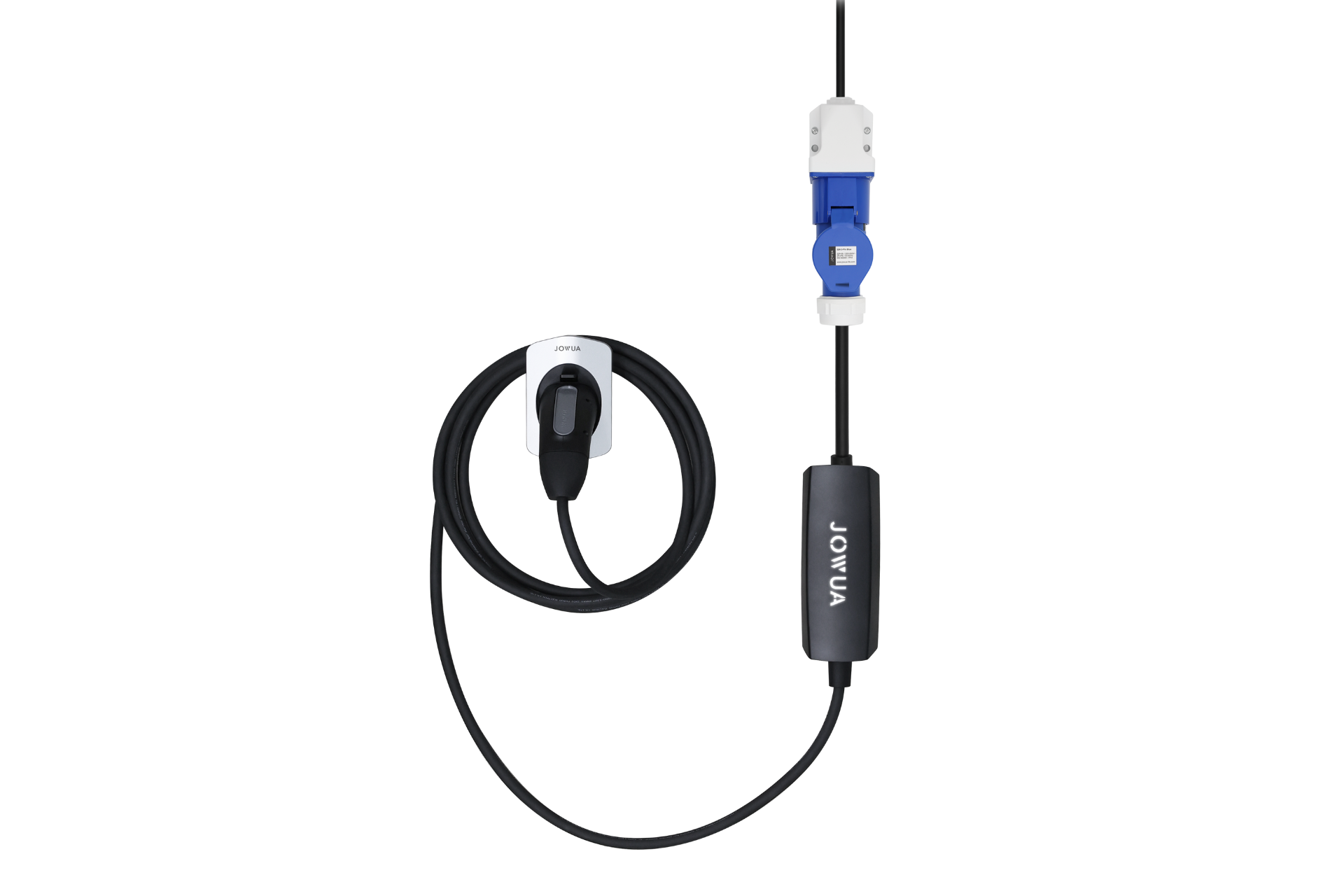 The JOWUA EV Mobile Connector (Type-2) features a coiled charging cable with a left wall mount bracket, leading to a black and blue connector with the word "Vivar" printed on the black section. This UL-certified connector attaches vertically to the power source.