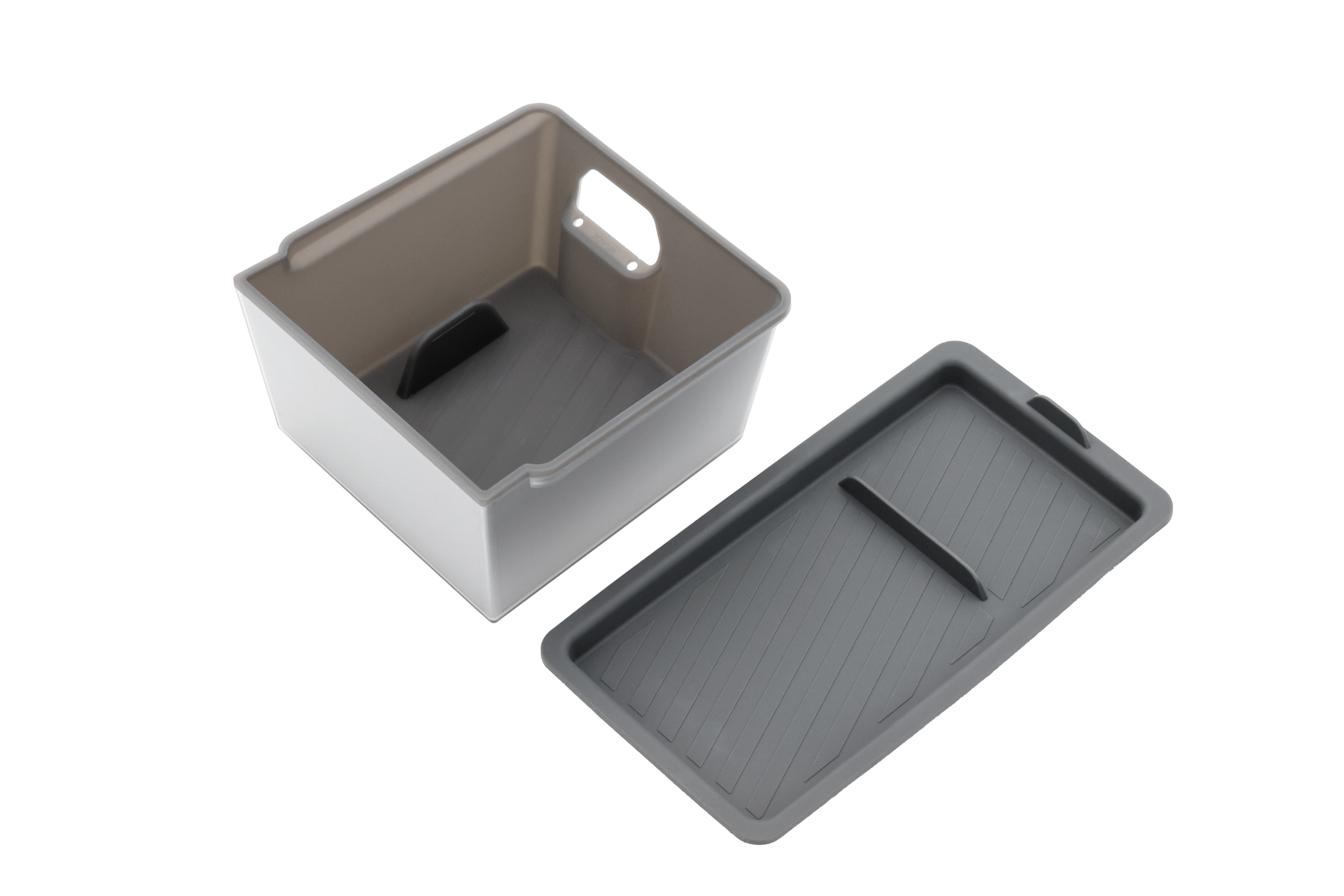 The JOWUA Armrest Organizer Set for Tesla Model Y Juniper 2025+ and Model 3 Highland 2024+ features a premium hybrid material, handle, inner divider, and gray lid—ideal for organizing cables or as an armrest organizer at home.