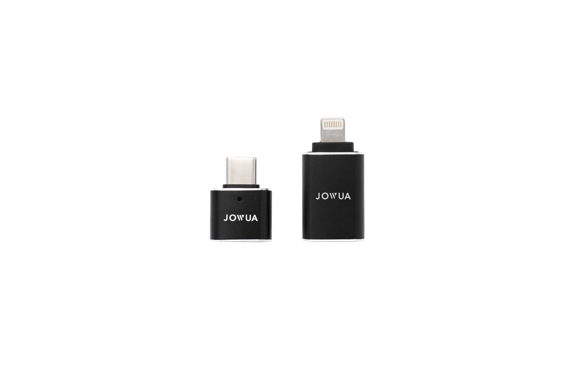 Two elegant black adapters from the JOWUA Sentry & DashCam Adapter Set OTG are showcased on a white background. Each bears the brand name "JOWUA" in sharp white lettering, with one providing USB-C connectivity and the other equipped with a Lightning connector. Designed ideally for Tesla Sentry iPhone users, these adapters seamlessly incorporate OTG functionality.
