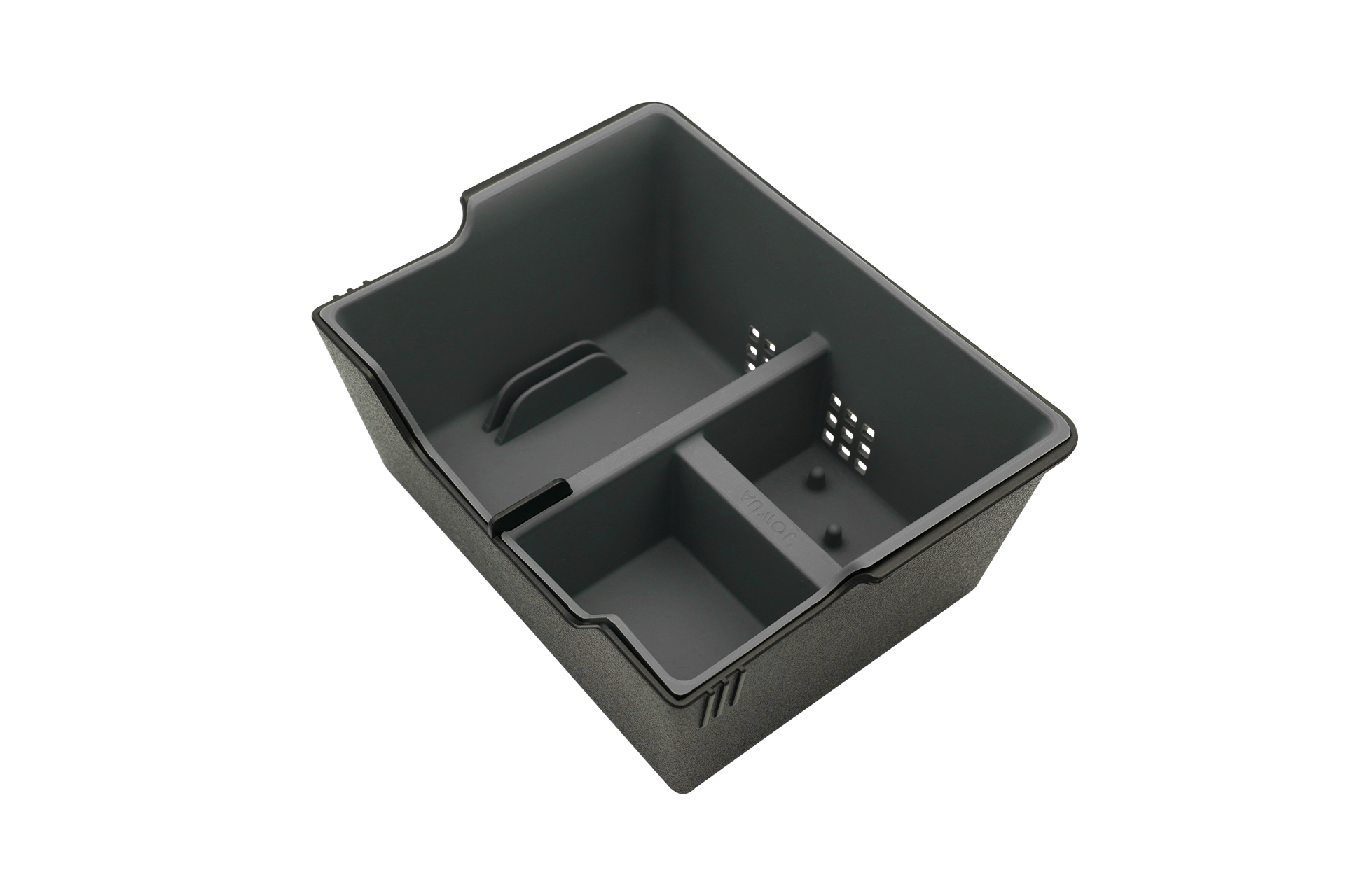 The JOWUA Center Console Tray Organizer, designed for pre-refresh Tesla Model 3/Y, is crafted from premium hybrid material with a textured finish and includes slotted dividers. This black, rectangular tray offers multiple compartments for storage and is ideal for Tesla accessories and Jowua hub compatibility.