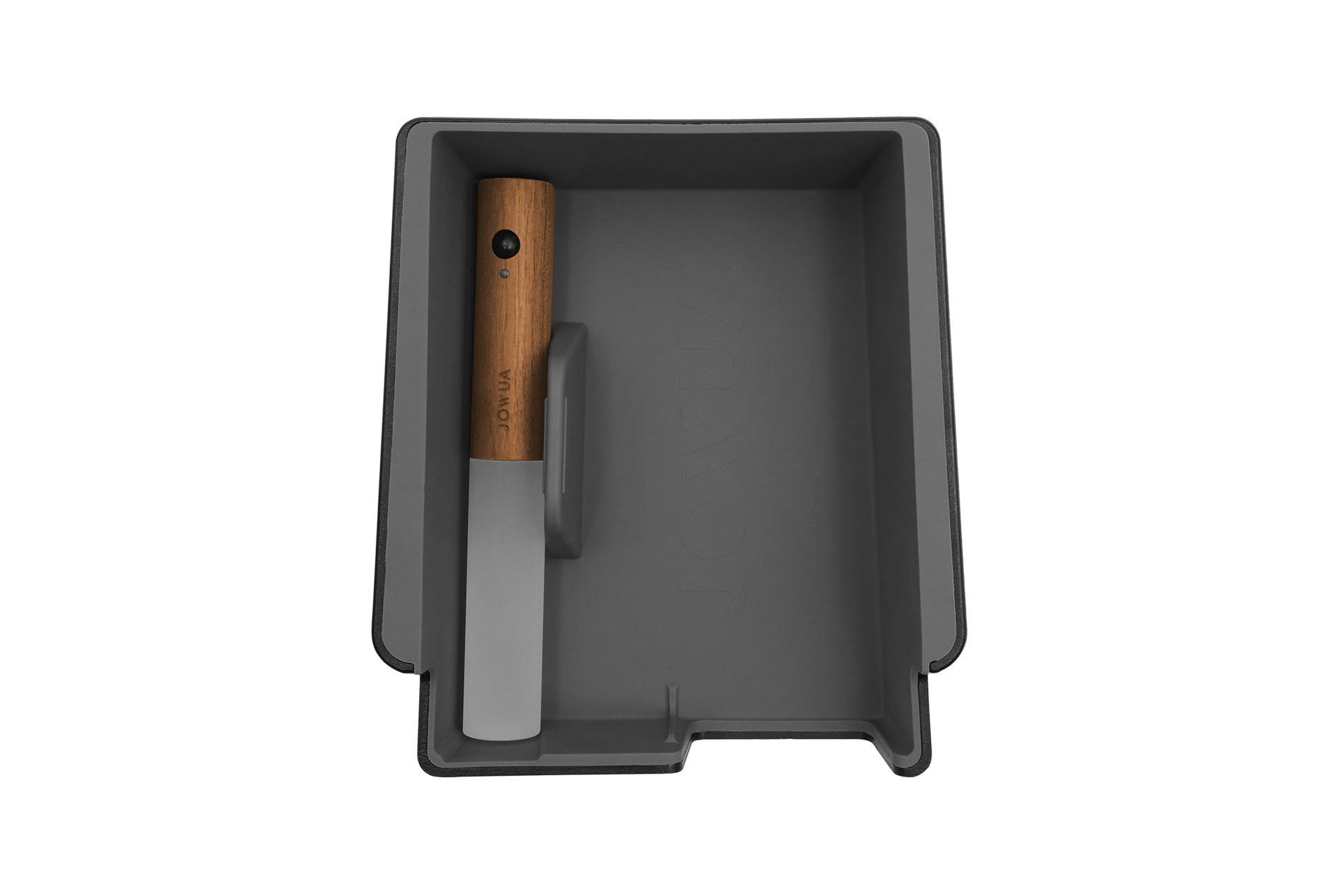 Introducing the JOWUA LED Light Bar, a wall-mounted, rectangular gray holder designed with smart sensor mode. Perfect for illuminating a single knife with a wooden handle, this device securely holds the knife in a vertical position and is powered by a rechargeable battery for efficient lighting.