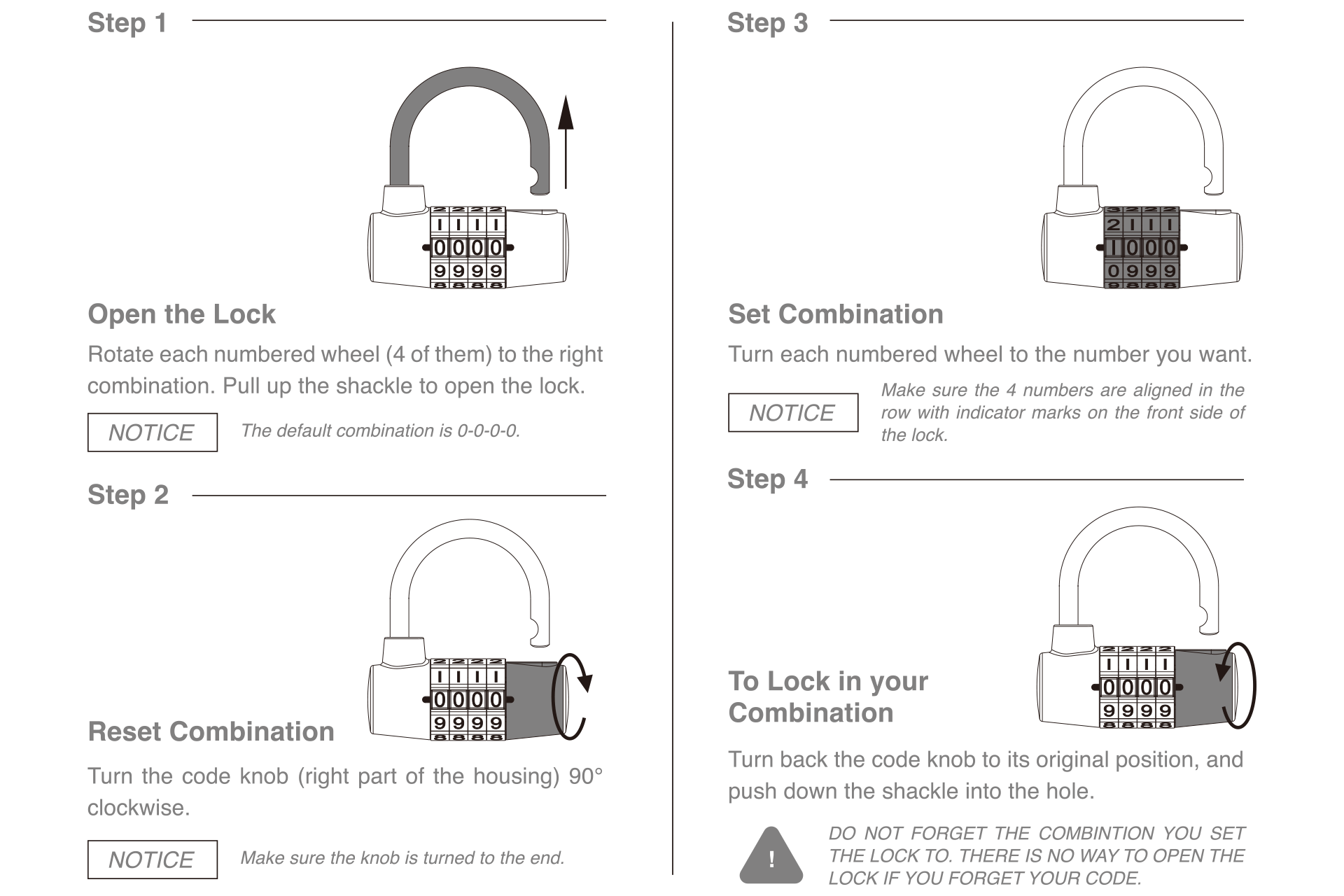 Instructions for the JOWUA 4 Digit Padlock in a public parking lot: Step 1 - Open the padlock by setting all wheels to 0-0-0-0. Step 2 - Reset by rotating the knob 90° clockwise. Step 3 - Set your combination using the numbered wheels, ensuring the arrows are aligned. Step 4 - Secure it by turning the knob and pushing down on the shackle.