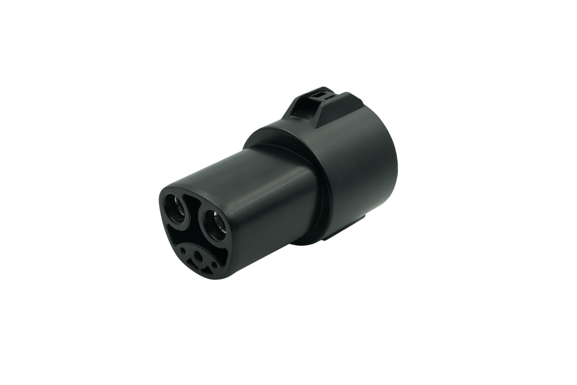 The JOWUA J1772 Mobile Connector Solution for Tesla, in a sleek black design, functions as a Travel Charging Dock with its cylindrical shape and multiple plug sockets. It is set against a plain white backdrop, providing an efficient 40A/9.6kW charging performance for J1772 owners seeking effective power solutions.