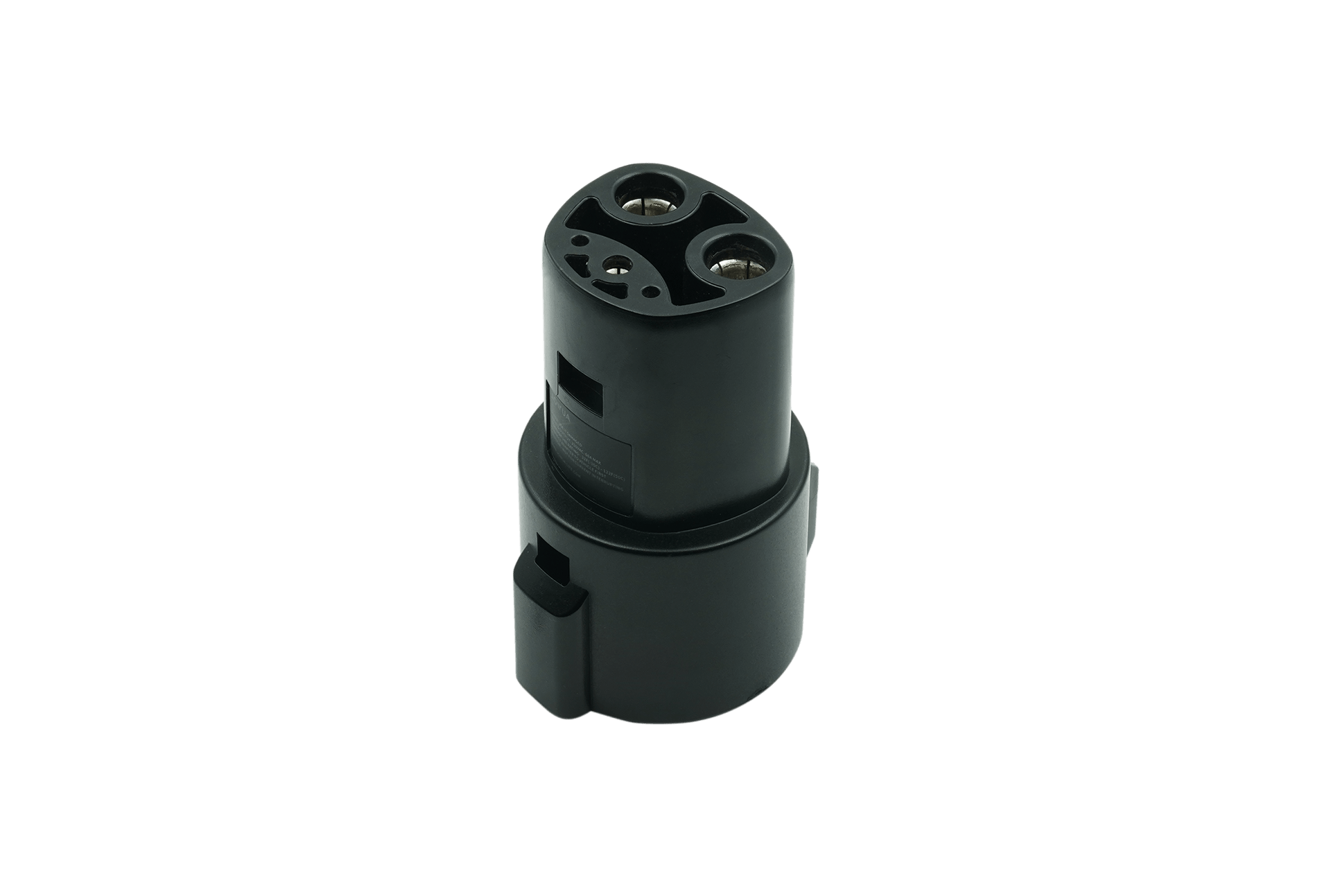 Image of the J1772 Mobile Connector Solution for Tesla by JOWUA, featuring a black industrial design tailored for J1772 owners. Its cylindrical and circular shape includes multiple plug holes and a side clasp to ensure a reliable connection, making it ideal for travel charging docks with 40A/9.6kW charging performance.