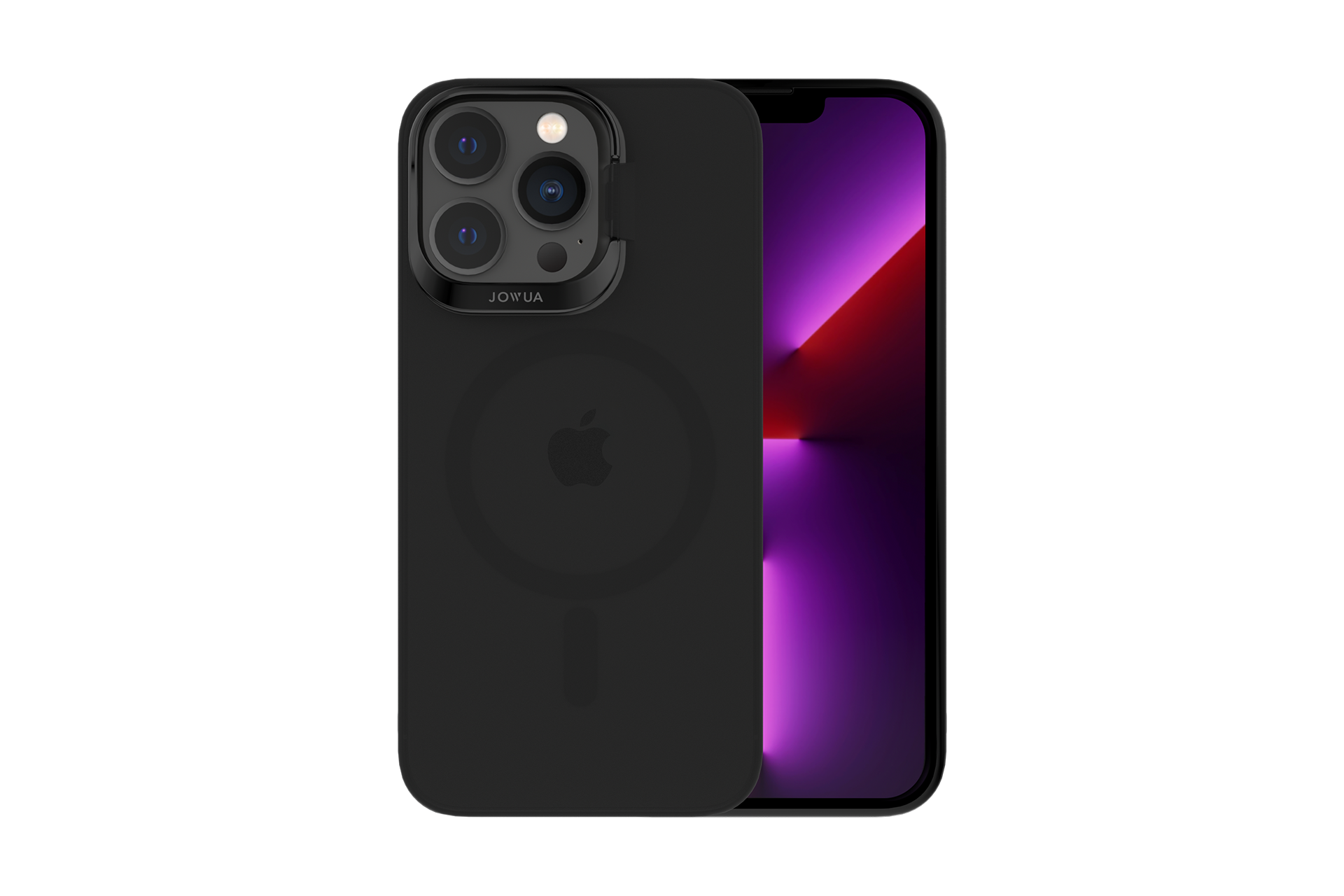 Displayed in a sleek, black design, the JOWUA iPhone Case perfect for the Tesla Car Mount with MagSafe compatibility showcases three camera lenses and a logo from the back. The brightly lit front screen features a purple background.