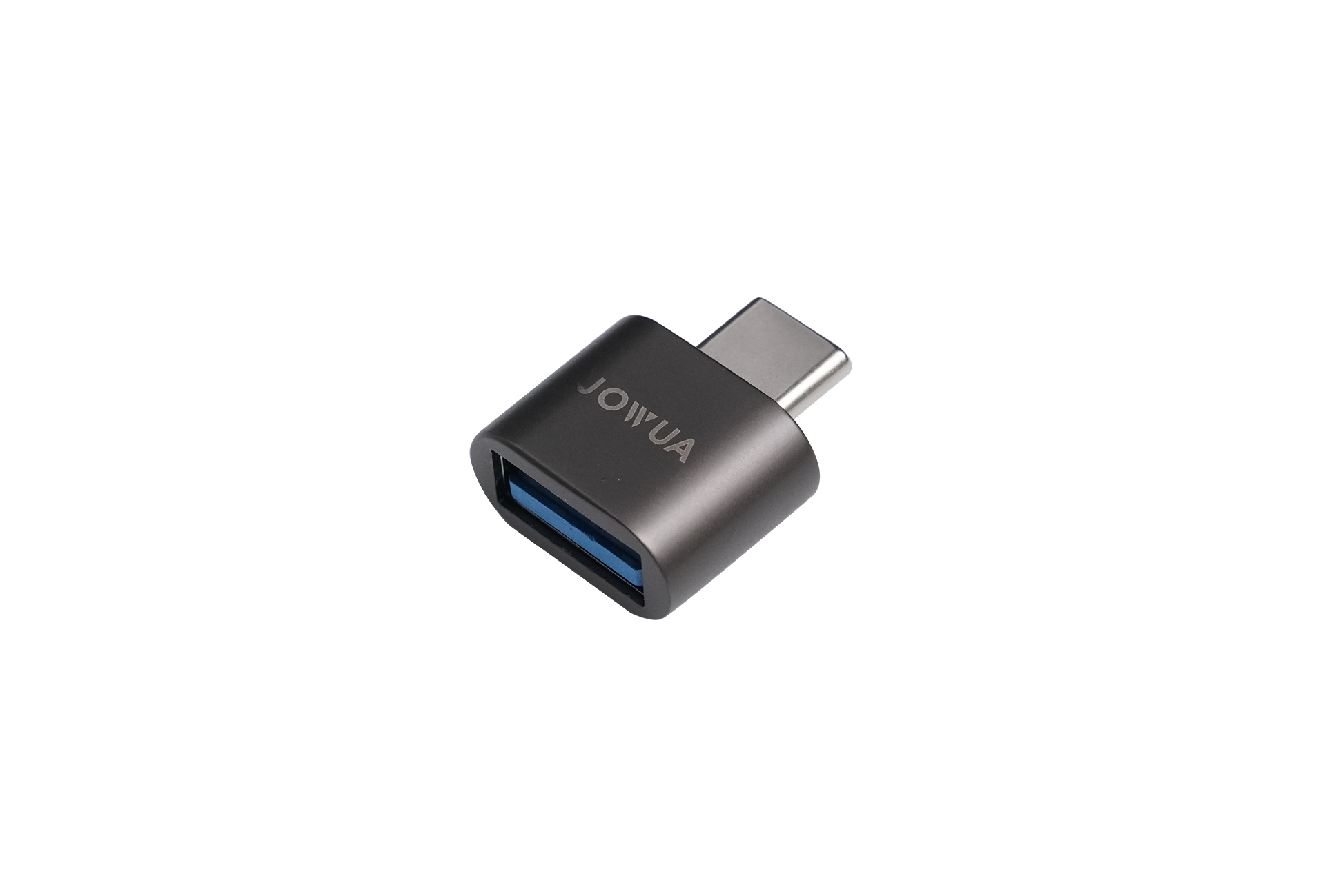 A compact USB-C to USB-A adapter, branded with "JOWUA," features a metallic gray finish and offers seamless data synchronization through its USB 3.0 port for connectivity, making it ideal for TeslaConnect compatibility.