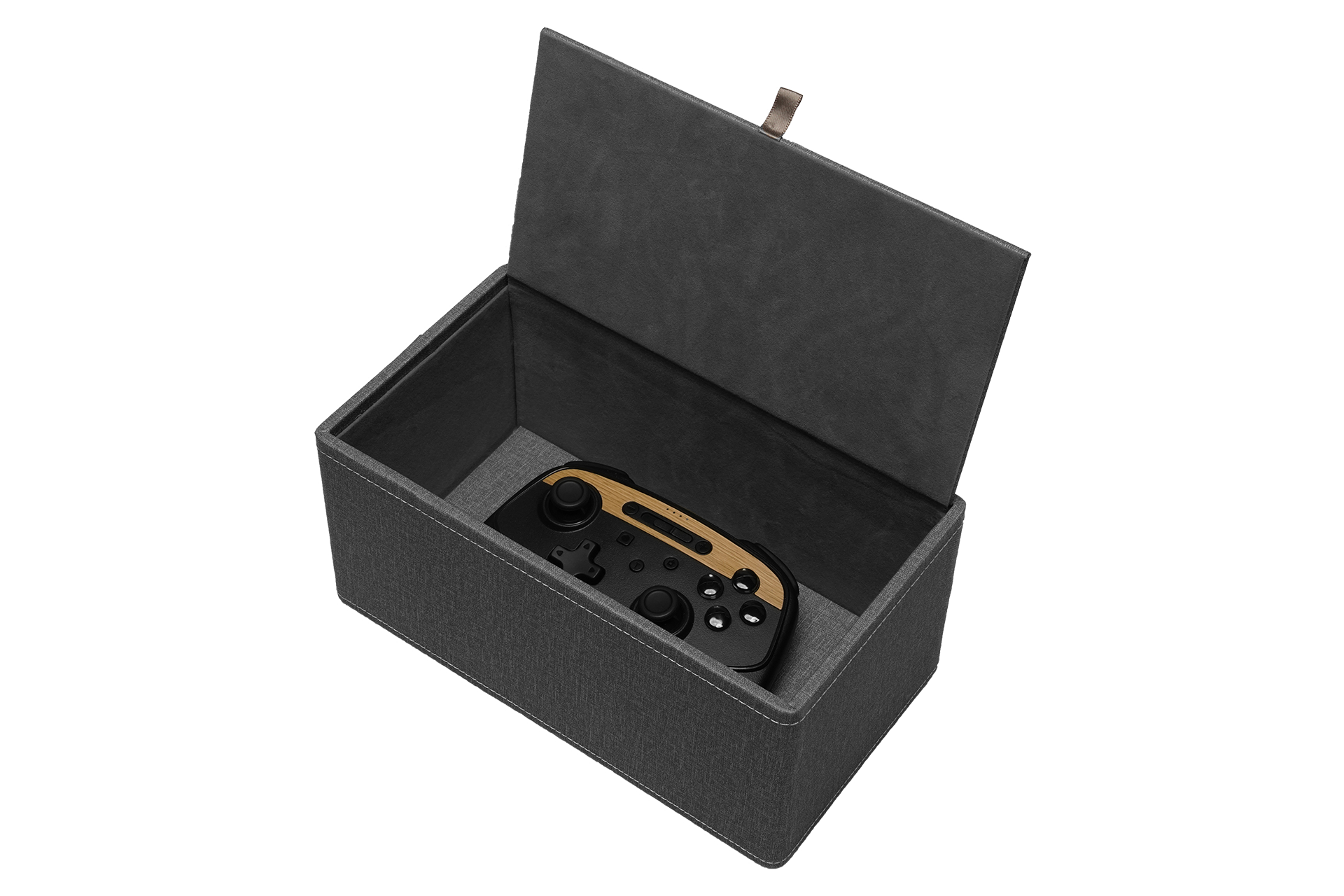A JOWUA gaming controller in black and brown is nestled within the elegantly designed Tissue & Storage Box. Crafted with a premium fabric-like texture and featuring a small pull tab on the lid, this gray box offers versatile storage solutions for all your gaming needs.